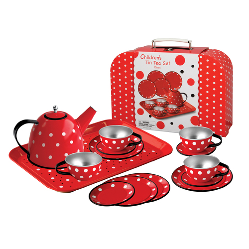 15 piece Tin Tea Set in Carry Case [Type: Red Polkadot]