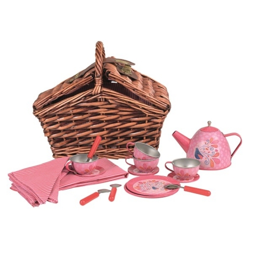 TIN TEA SET IN A BASKET [Type: Peacock]